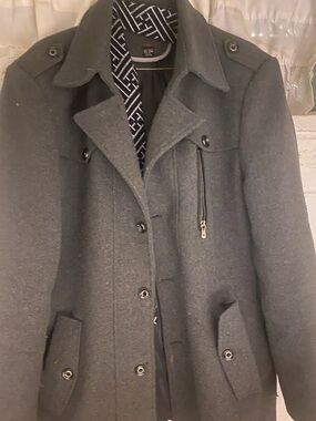 Men's Dark Gray Wool-Blend Peacoat with Zip Pocket